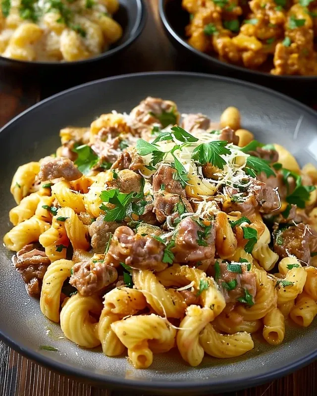 Beef and Rotini in Garlic Parmesan Sauce served in white bowl with fresh parsley garnish