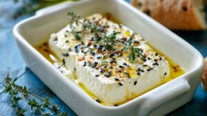 Golden Albanian baked feta with honey drizzled on top and sesame seeds, served with crusty bread