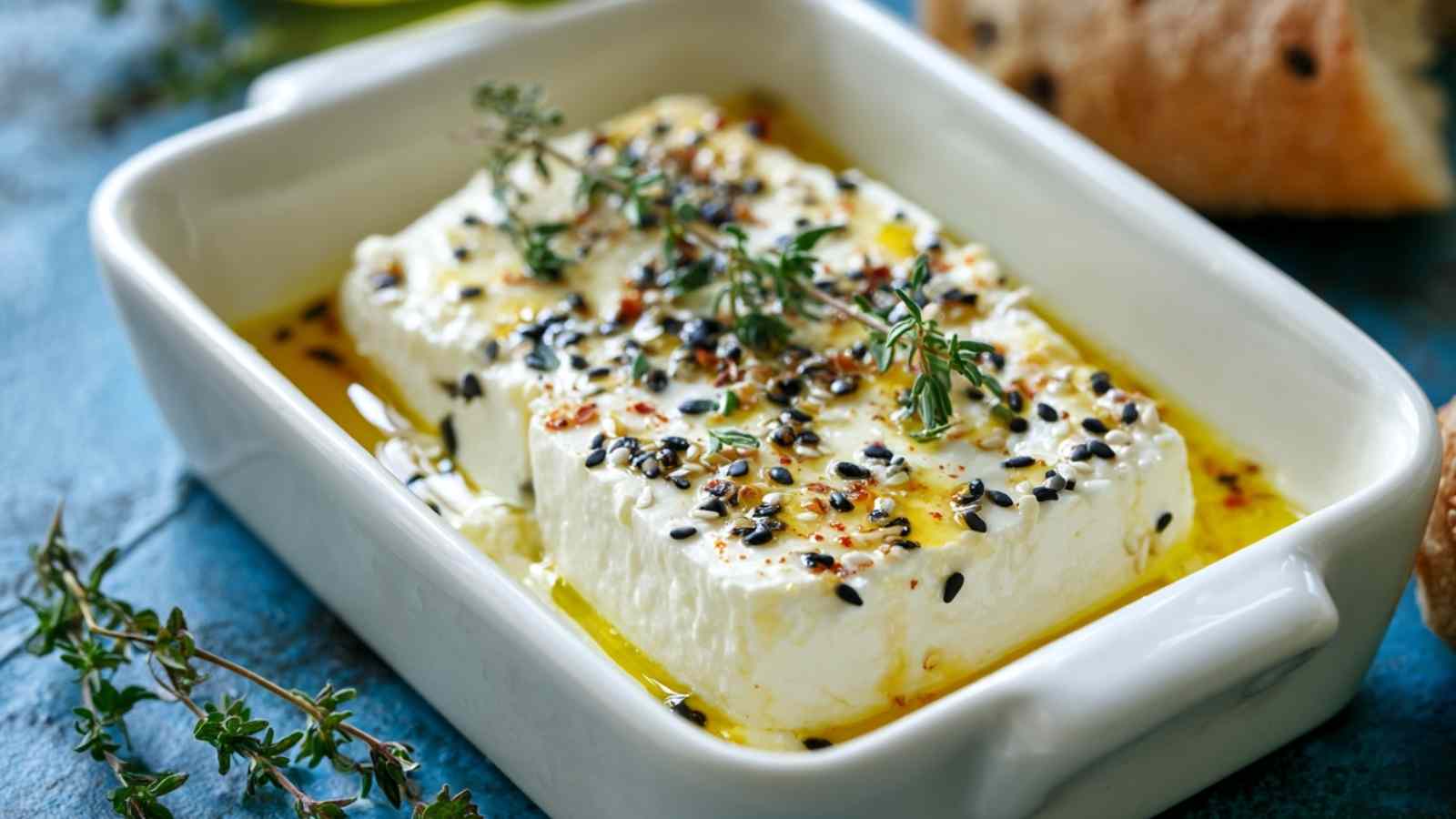 Golden Albanian baked feta with honey drizzled on top and sesame seeds, served with crusty bread