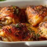 Crispy baked chicken thighs served with roasted vegetables on dinner plate