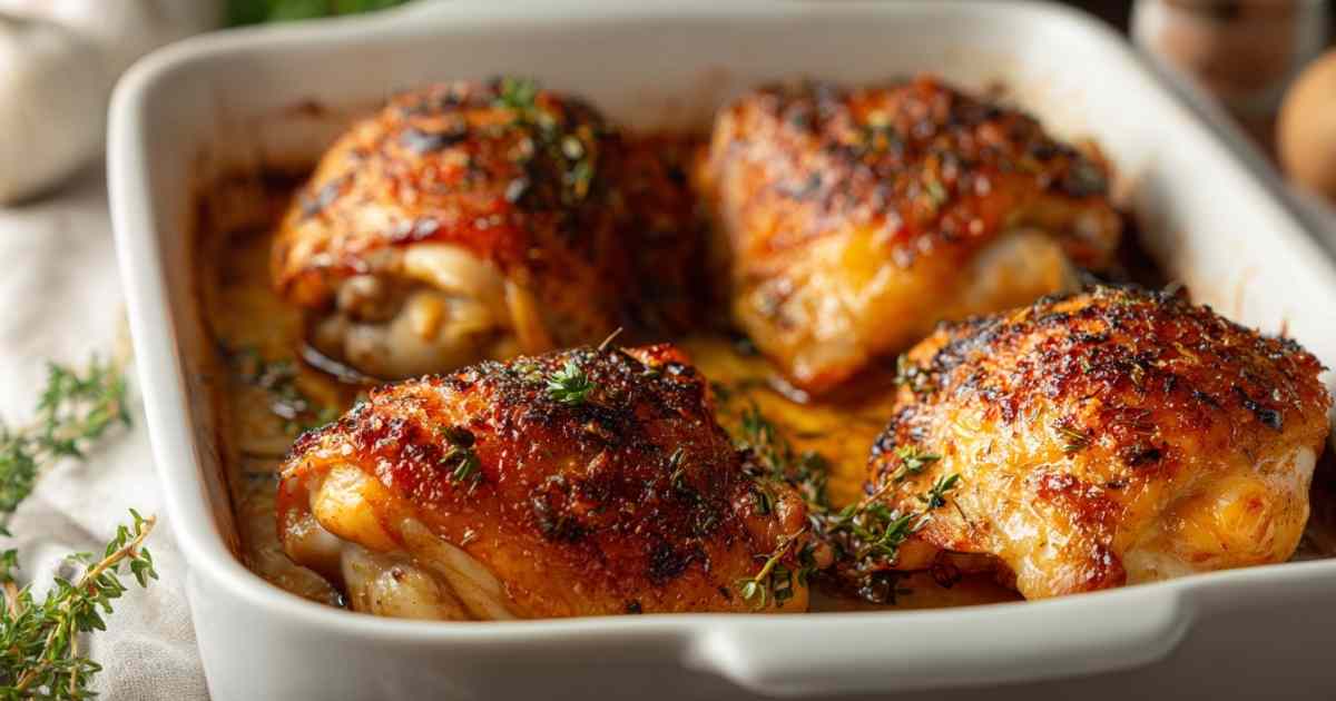 Crispy baked chicken thighs served with roasted vegetables on dinner plate