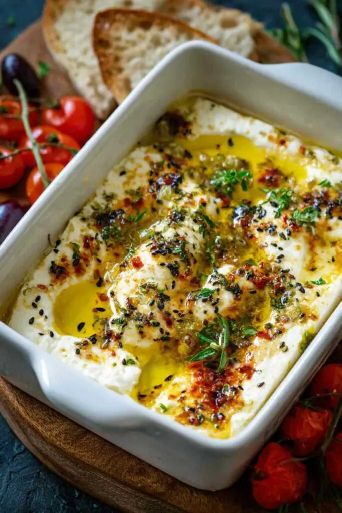 Albanian baked feta with honey served on wooden board