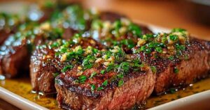 Finished Garlic Butter Brazilian Steak drizzled with herb butter sauce and garnished with parsley