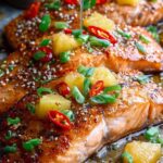 Grilled salmon with pineapple rings on a white plate garnished with fresh cilantro