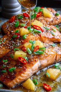 Grilled salmon with pineapple rings on a white plate garnished with fresh cilantro