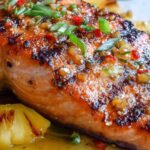 Grilled salmon with pineapple rings on a white plate garnished with fresh cilantro