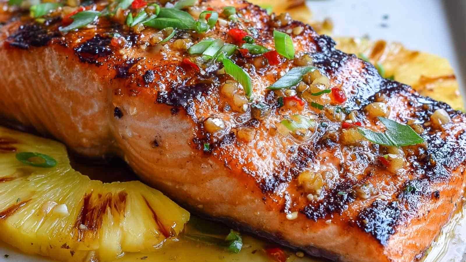 Grilled salmon with pineapple rings on a white plate garnished with fresh cilantro