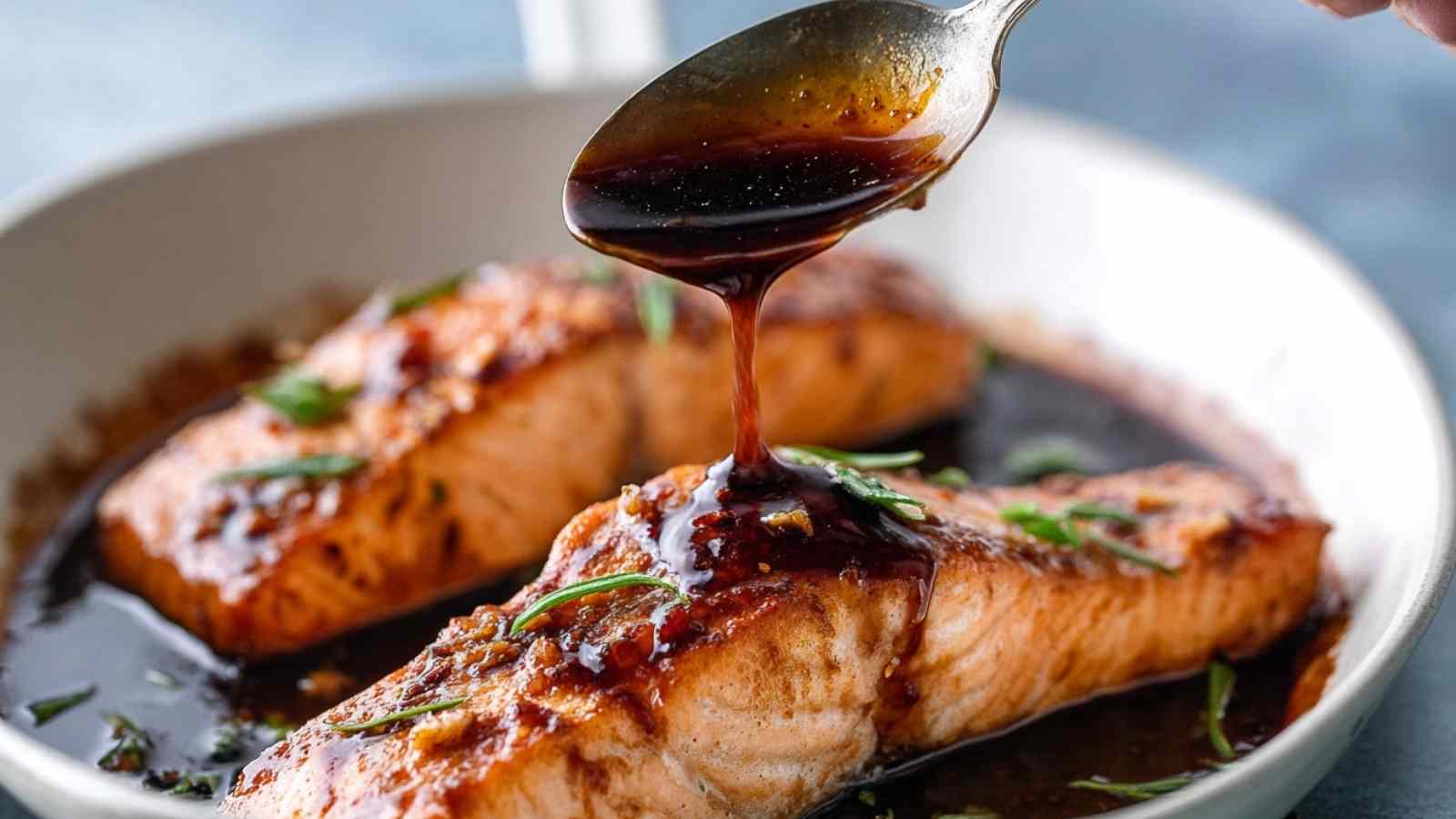 Honey glazed salmon fillet on white plate with caramelized golden edges