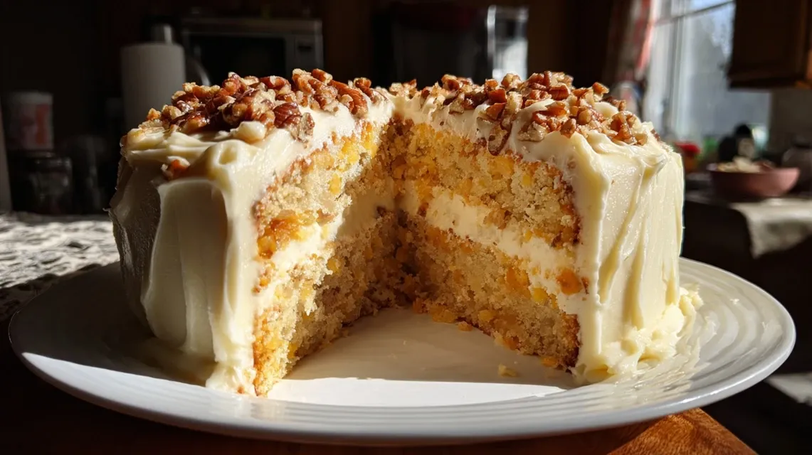A full view of a Southern Creamy Pineapple Pecan Cake on a white cake stand, topped with cream cheese frosting and sprinkled with pecans.