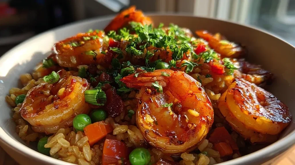 Cooking seasoned shrimp in a skillet for Cajun fried rice