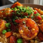 Cooking seasoned shrimp in a skillet for Cajun fried rice
