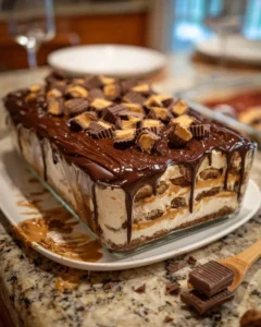 A slice of Peanut Butter Cup Icebox Cake on a white plate, showing layers of cookie and filling, drizzled with chocolate.
