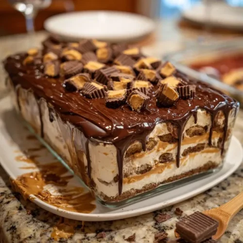 A slice of Peanut Butter Cup Icebox Cake on a white plate, showing layers of cookie and filling, drizzled with chocolate.