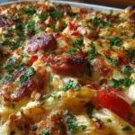 A scoop of the creamy chicken and Cajun sausage pasta on a white plate, showing the creamy sauce and a cheese pull.