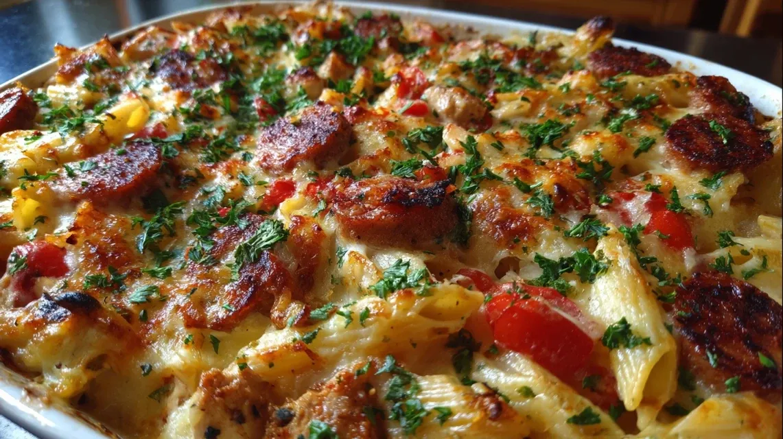 A scoop of the creamy chicken and Cajun sausage pasta on a white plate, showing the creamy sauce and a cheese pull.