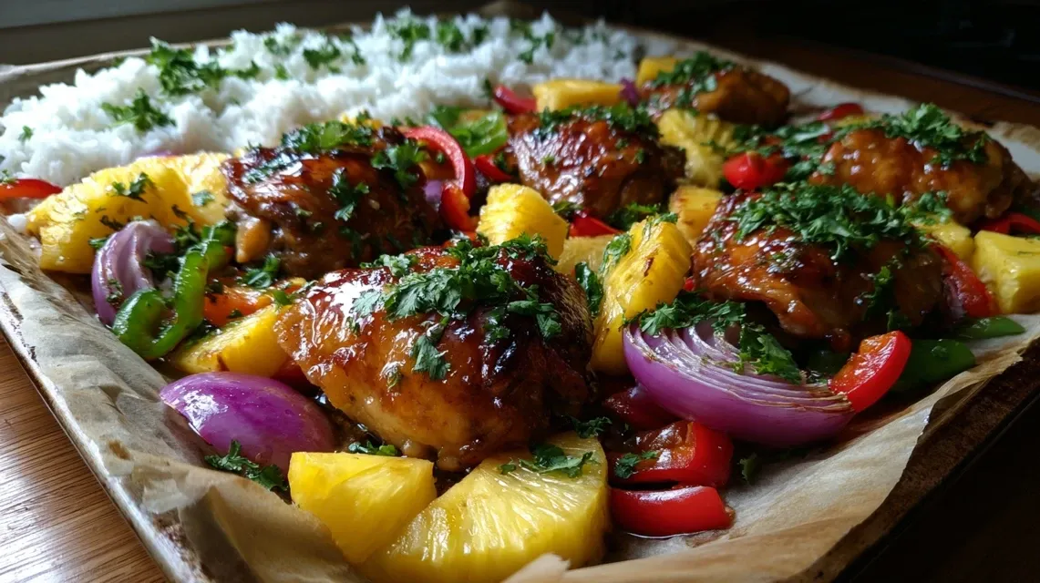 Raw ingredients for Hawaiian Chicken Sheet Pan including chicken thighs, pineapple, and bell peppers