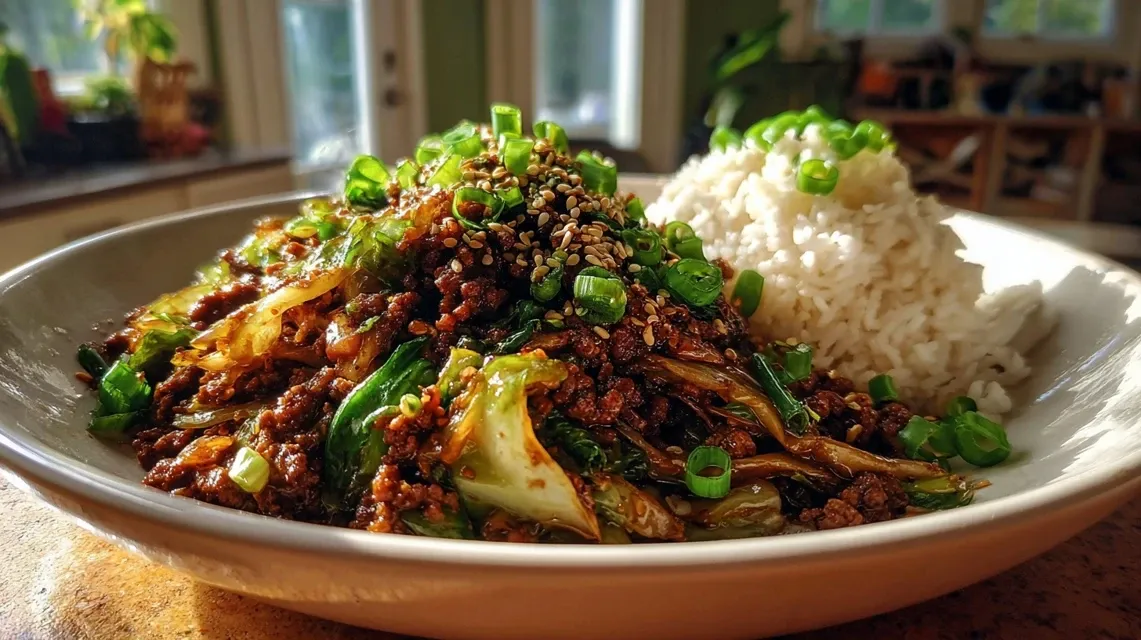 Steaming hot Chinese ground beef and cabbage stir-fry in a wok