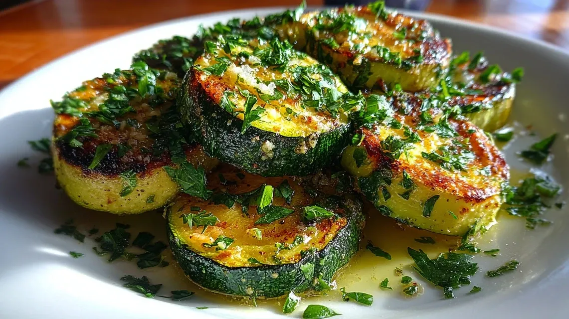 Sliced zucchini rounds seasoned with herbs ready for roasting