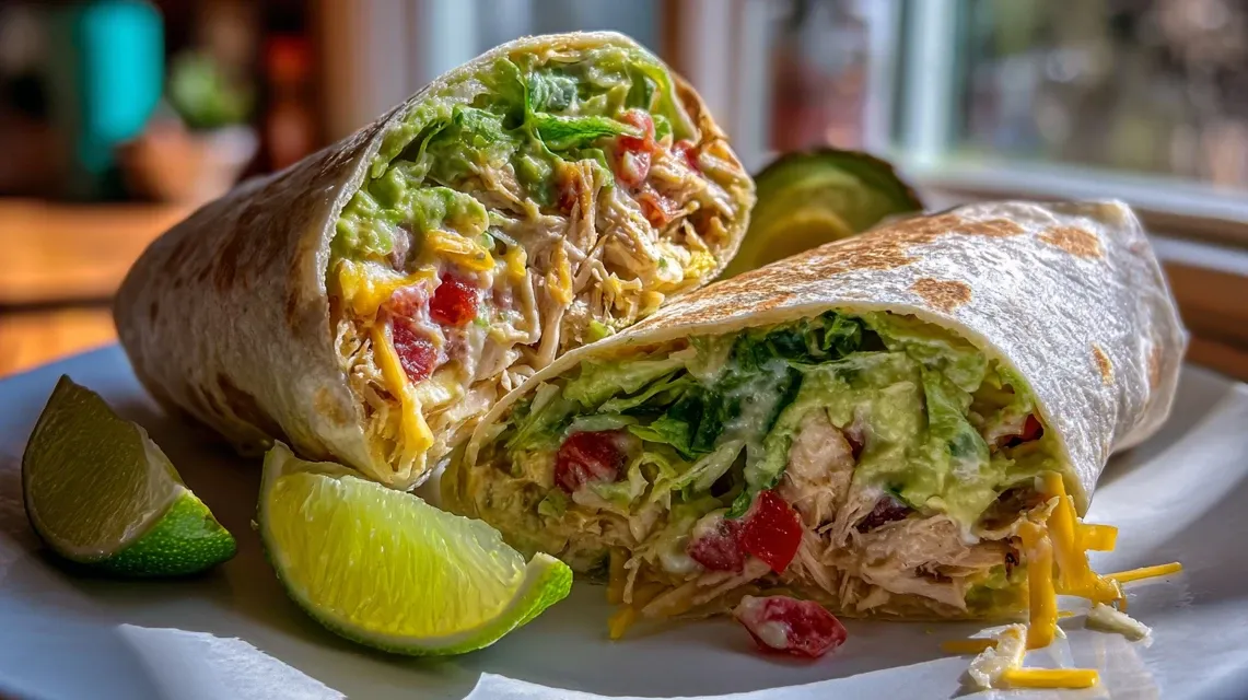 All the ingredients for Chicken Avocado Ranch Burritos laid out on a wooden board, including shredded chicken, avocado, ranch, and tortillas.