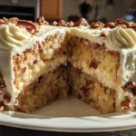 A slice of moist pineapple pecan cake on a dessert plate, showing the tender crumb and creamy frosting layers.