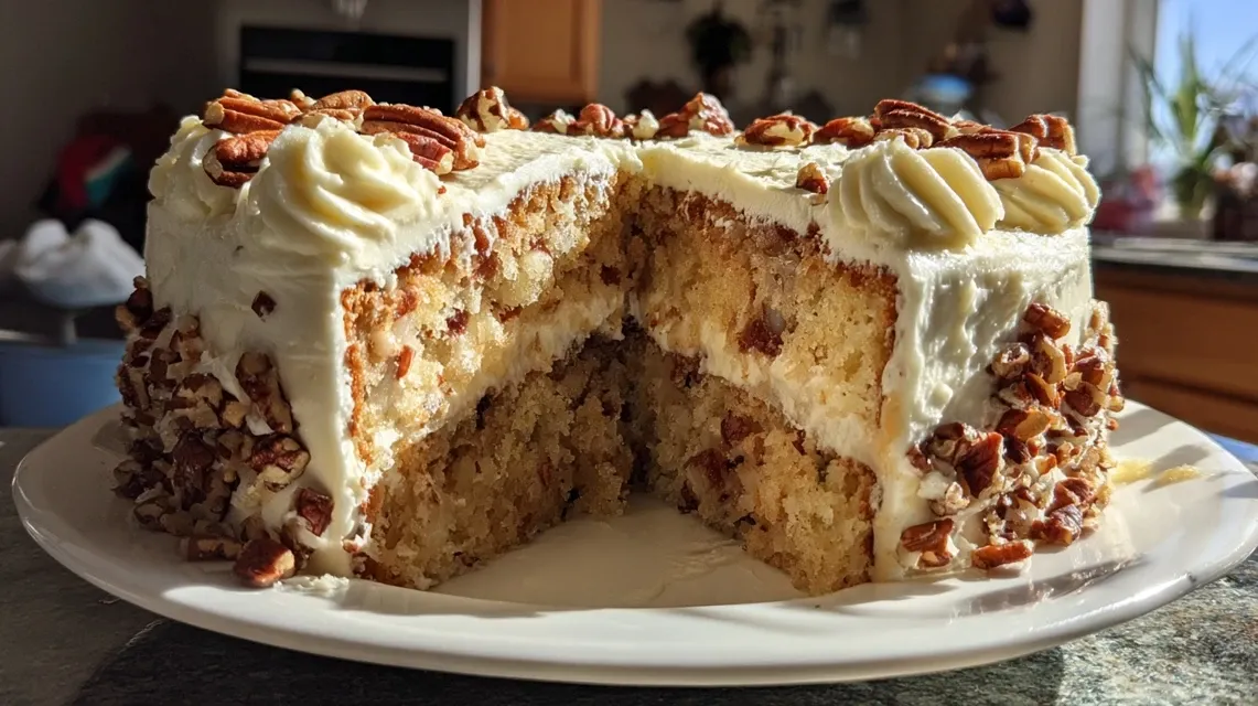 A slice of moist pineapple pecan cake on a dessert plate, showing the tender crumb and creamy frosting layers.