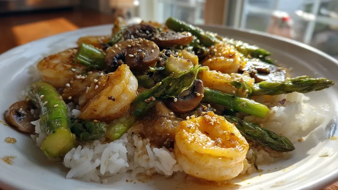 Fresh shrimp and asparagus stir-fry in a wok with mushrooms and sauce