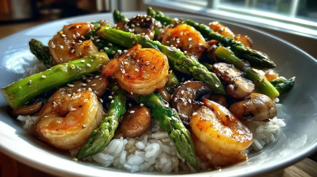 Close-up of shrimp and asparagus stir-fry served over white rice