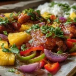 : Hawaiian Chicken Sheet Pan with marinated chicken, pineapple, and vegetables arranged on baking tray