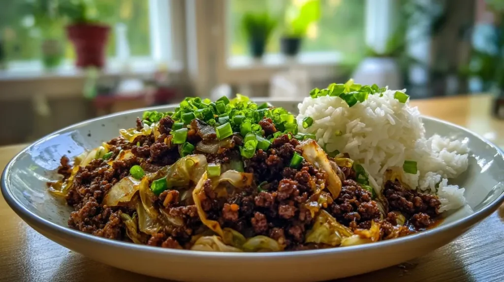 Chinese ground beef and cabbage stir-fry served over white rice