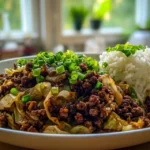 Chinese ground beef and cabbage stir-fry served over white rice