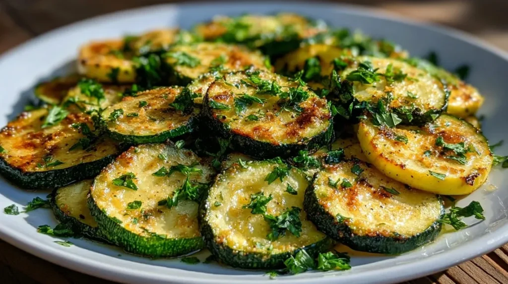 Golden-brown roasted zucchini squash on baking sheet