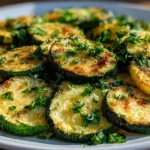 Golden-brown roasted zucchini squash on baking sheet