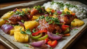 : Hawaiian Chicken Sheet Pan with marinated chicken, pineapple, and vegetables arranged on baking tray