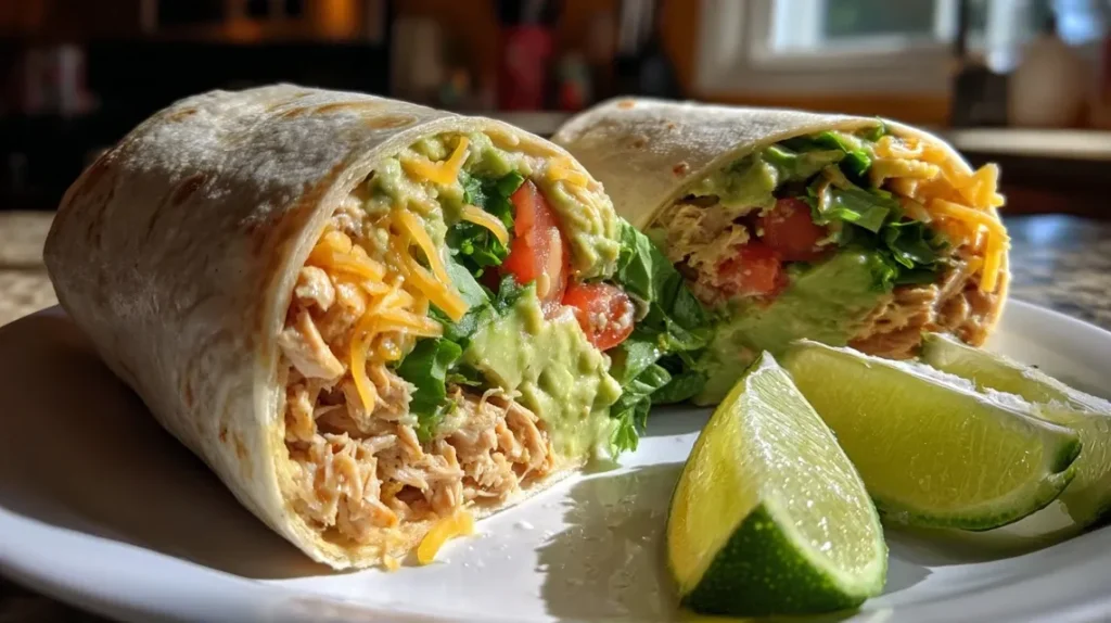 A close-up of the creamy chicken and avocado filling being mixed in a white bowl with a spoon.