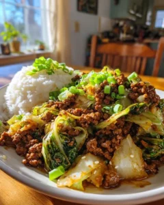 Ingredients for Chinese ground beef and cabbage stir-fry laid out on counter