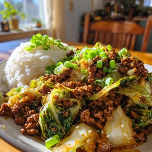 Ingredients for Chinese ground beef and cabbage stir-fry laid out on counter