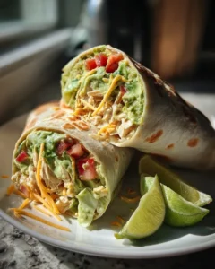 Two finished Chicken Avocado Ranch Burritos sliced in half to show the filling, served on a white plate with lime wedges.