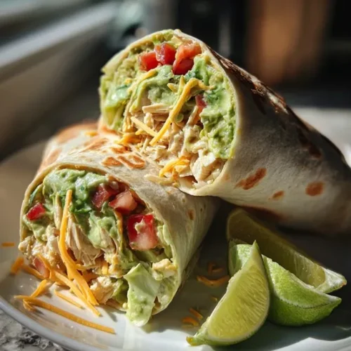 Two finished Chicken Avocado Ranch Burritos sliced in half to show the filling, served on a white plate with lime wedges.