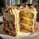 A mixing bowl containing cake batter with crushed pineapple and chopped pecans being folded in with a spatula.