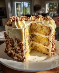 A mixing bowl containing cake batter with crushed pineapple and chopped pecans being folded in with a spatula.