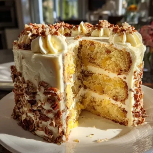 A mixing bowl containing cake batter with crushed pineapple and chopped pecans being folded in with a spatula.