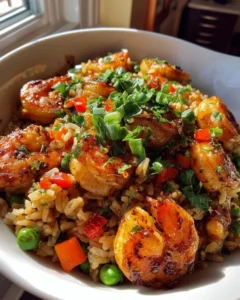 Served bowl of Cajun Shrimp Fried Rice with green onion garnish