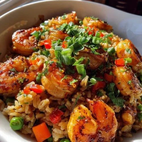 Served bowl of Cajun Shrimp Fried Rice with green onion garnish