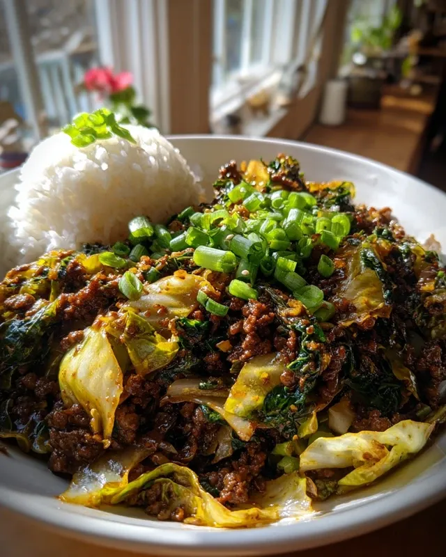 Ingredients for Chinese ground beef and cabbage stir-fry laid out on counter