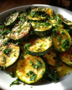 Garnished roasted zucchini squash served in white bowl