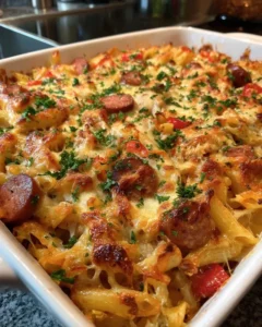 A large skillet with sliced Cajun sausage, chopped onions, and bell peppers being saut&eacute;ed.