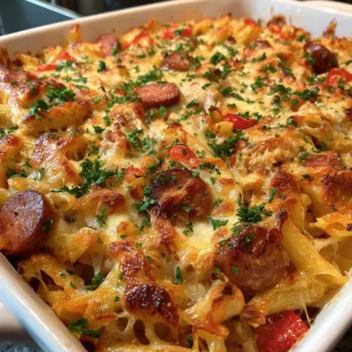 A large skillet with sliced Cajun sausage, chopped onions, and bell peppers being sautéed.