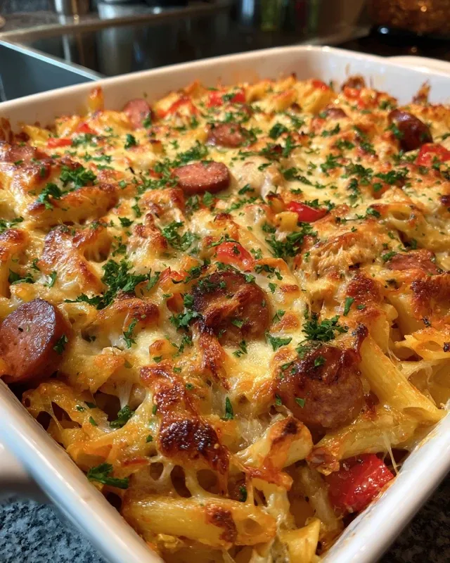 A large skillet with sliced Cajun sausage, chopped onions, and bell peppers being sautéed.