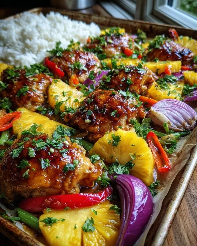 Cooked Hawaiian Chicken Sheet Pan dinner served over rice with cilantro garnish