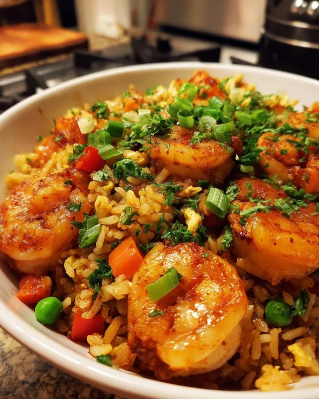  Served bowl of Cajun Shrimp Fried Rice with green onion garnish